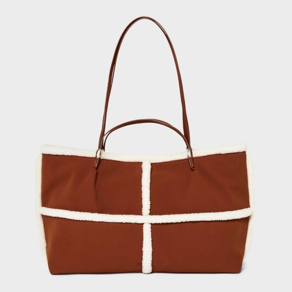 Universal Thread Brown Tote Bag with Cream Sherpa Trim NEW